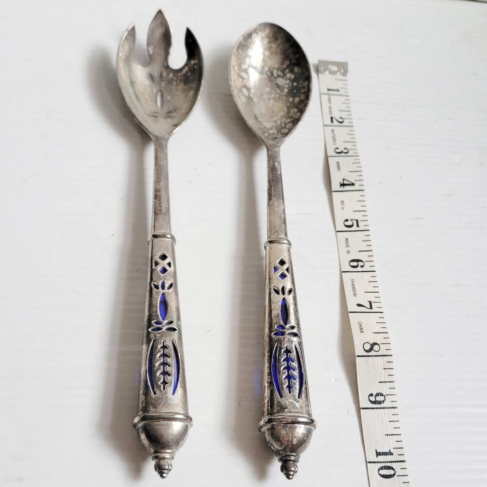 VTG Silverplate 2pc Salad Serving Set Royal Sapphire Cobalt Blue Enamel 10" Long